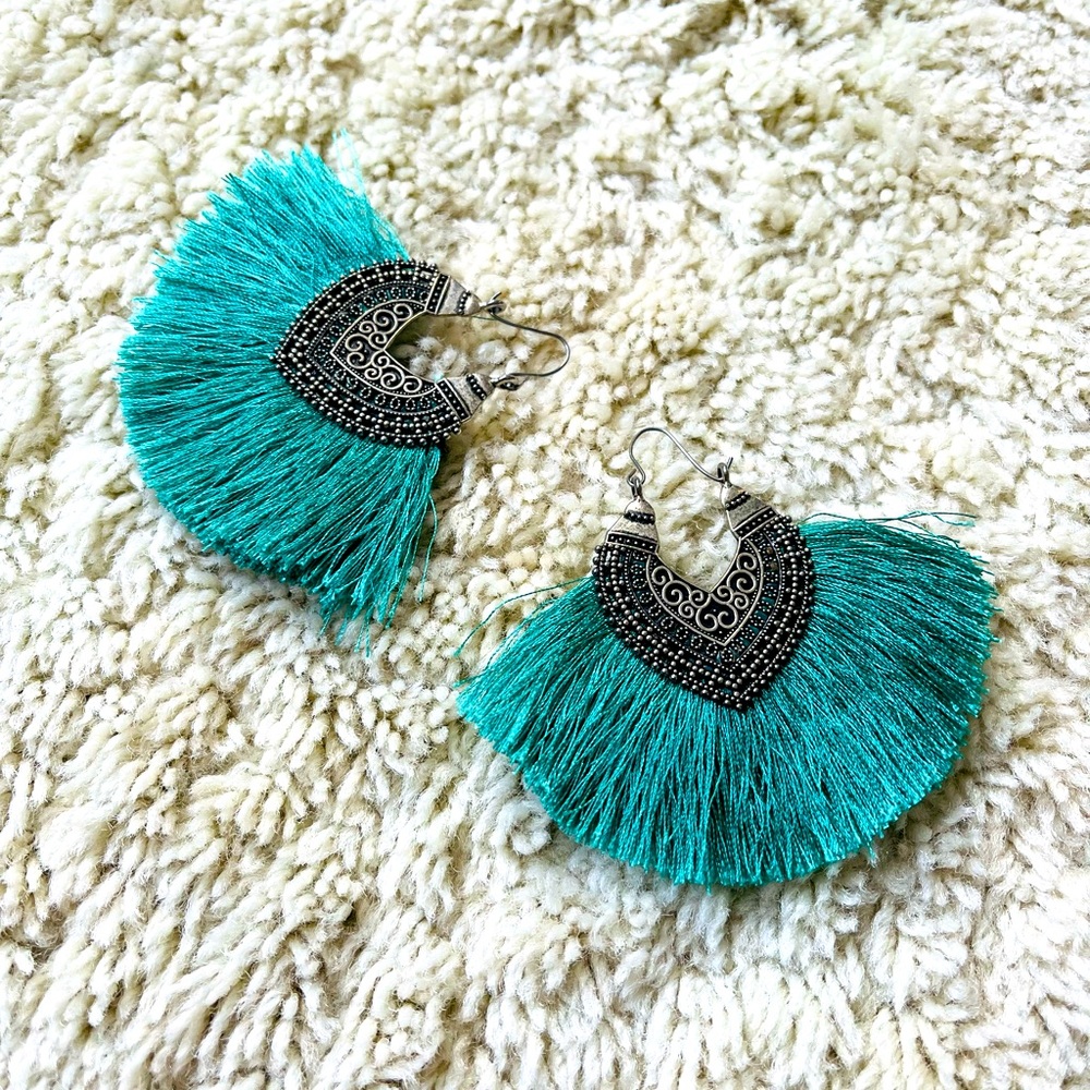 Silver Tone Concho Dangle Earrings with Sea Green Tassels